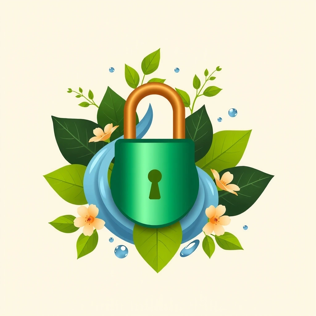 Stylizowana ikona kłódki otoczona naturalnymi elementami symbolizująca bezpieczeństwo danych i prywatność.
