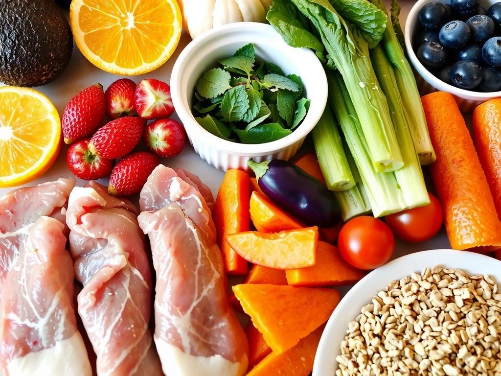 Zrównoważona dieta składająca się z różnorodnych warzyw, owoców i pełnoziarnistych produktów.